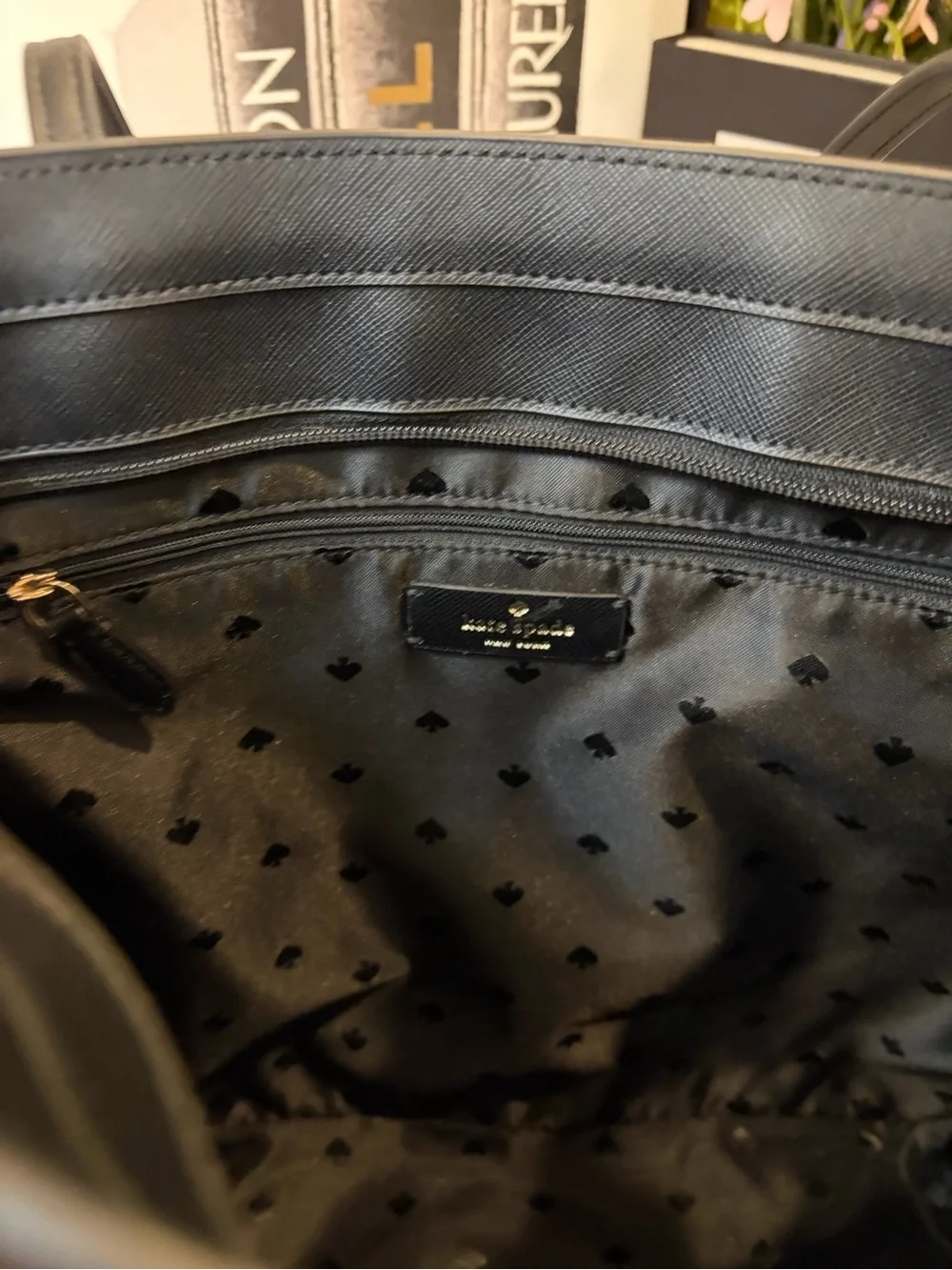 NWOT KATE SPADE Black Leather Canvas Tote & flower bouquet bag charm/key fob🖤💐